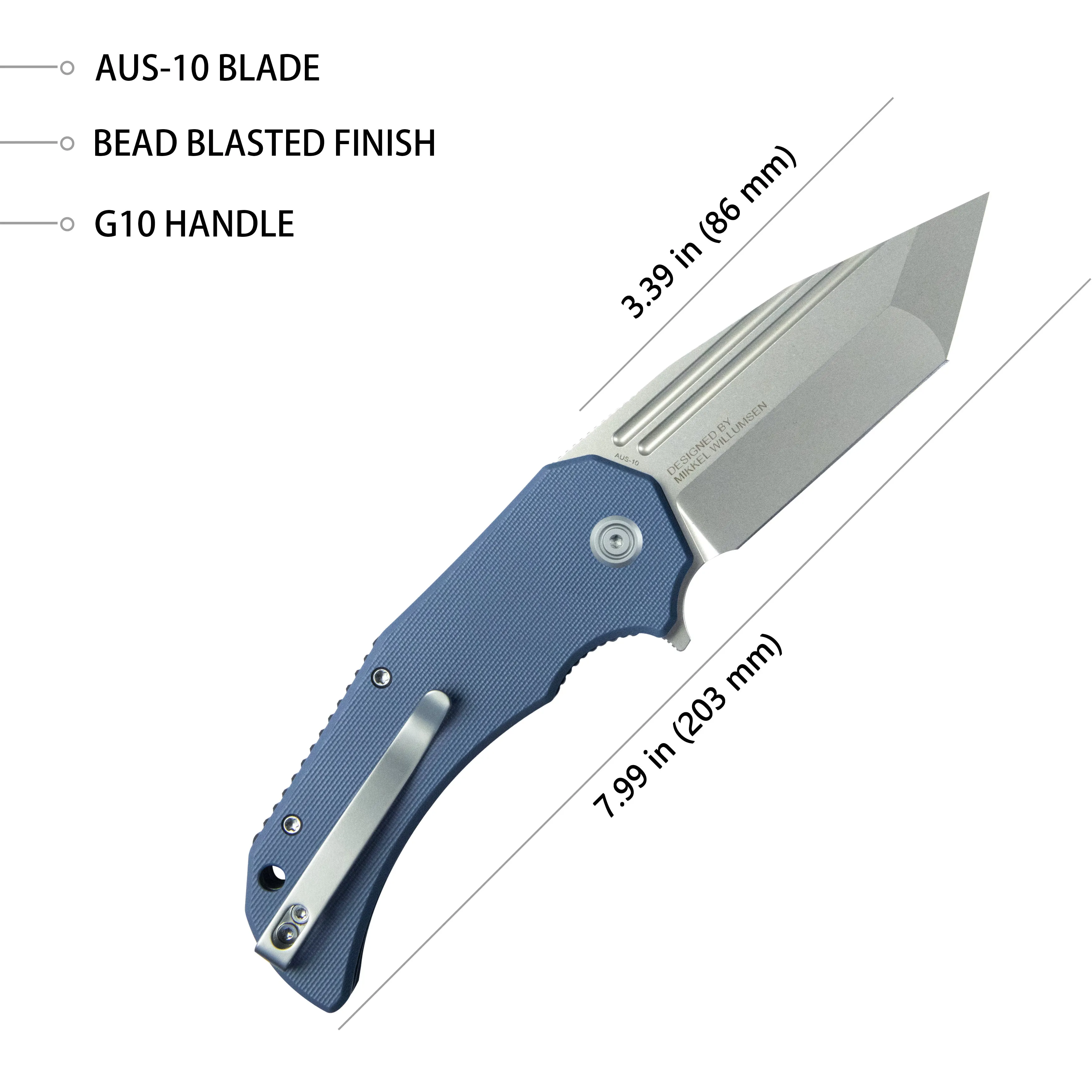 Mikkel Willumsen Design Bravo one Tanto Outdoor Folding Camping Knife Blue G10 Handle 3.39 Beadblast AUS-10 KU318E