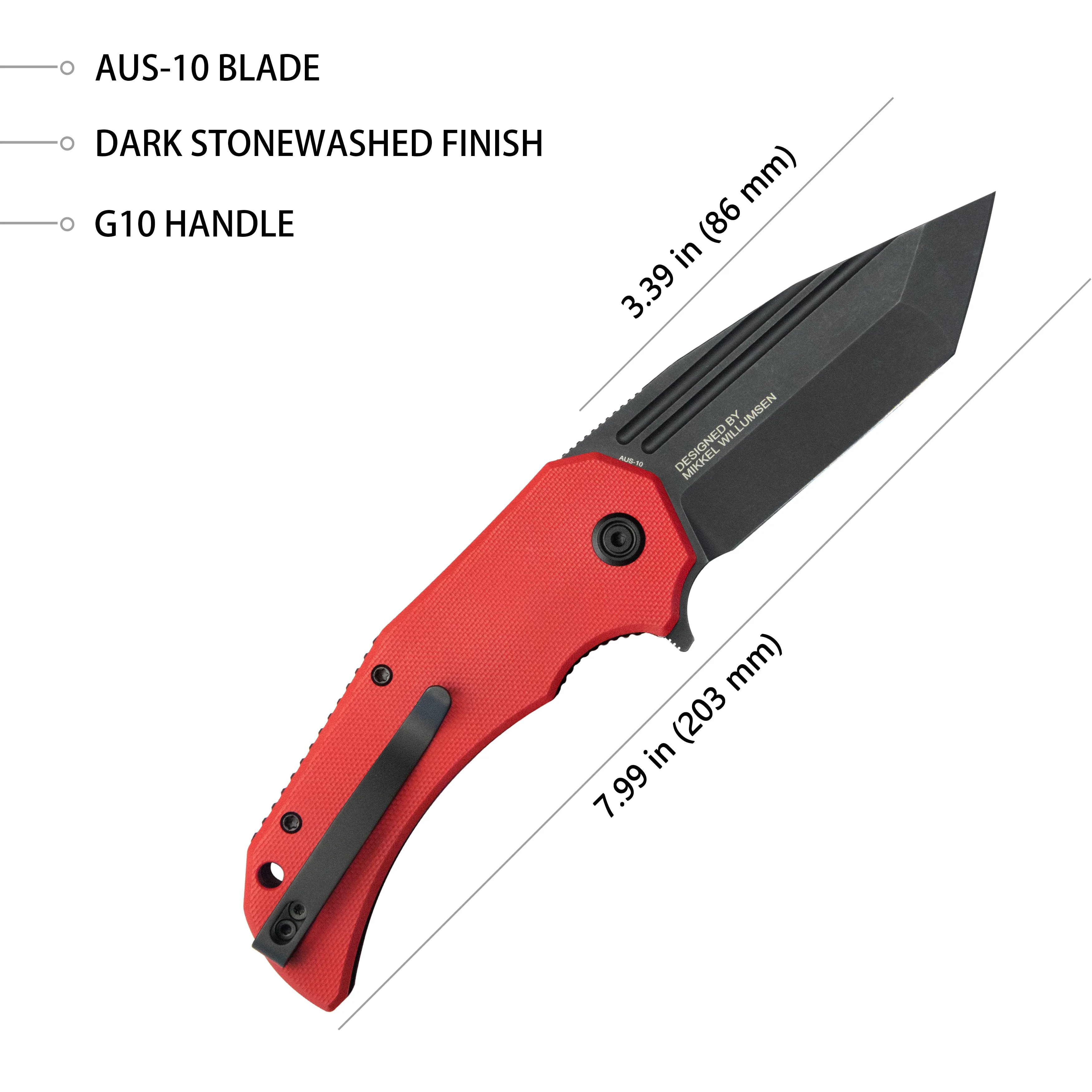 Mikkel Willumsen Design Bravo one Tanto Outdoor Folding Camping Knife Red G10 Handle 3.39 Blackwash AUS-10 KU318B