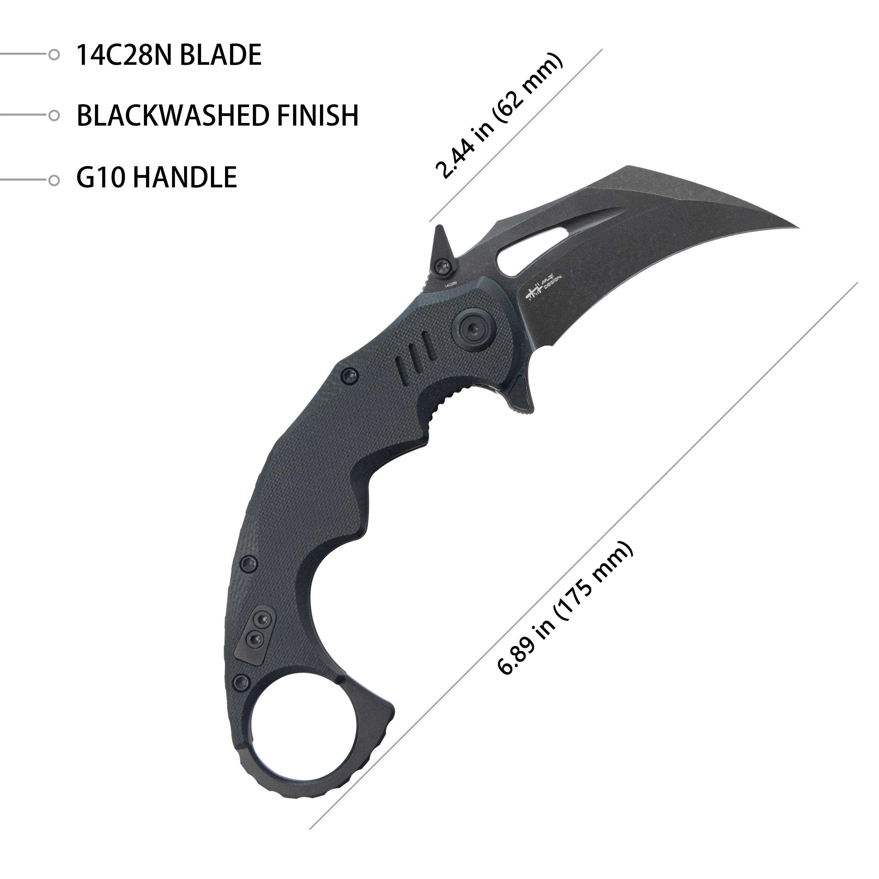 Mini Wrath Karambit Folding Knife Black G-10 Handle 2.44 Blackwash 14C28N Blade KU262E