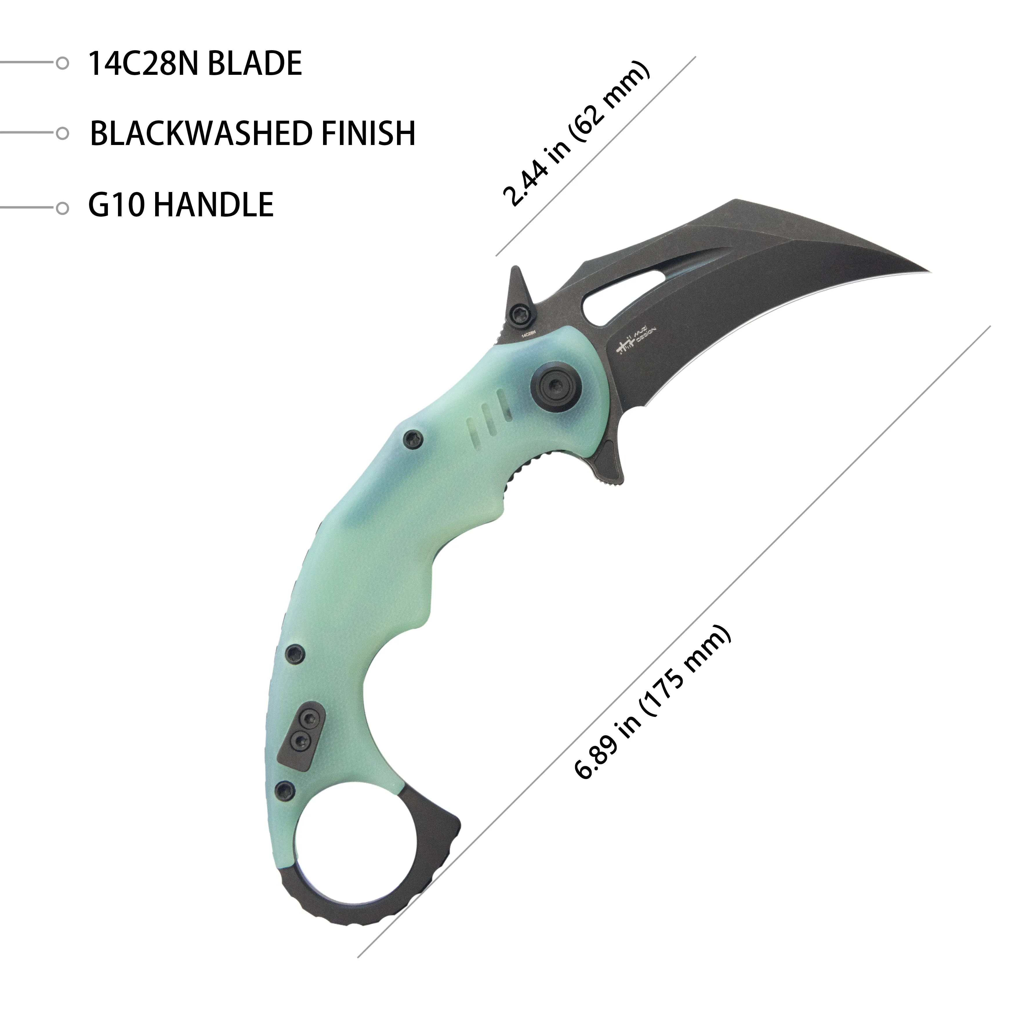 Mini Wrath Karambit Folding Knife Jade G-10 Handle 2.44 Blackwash 14C28N Blade KU262L