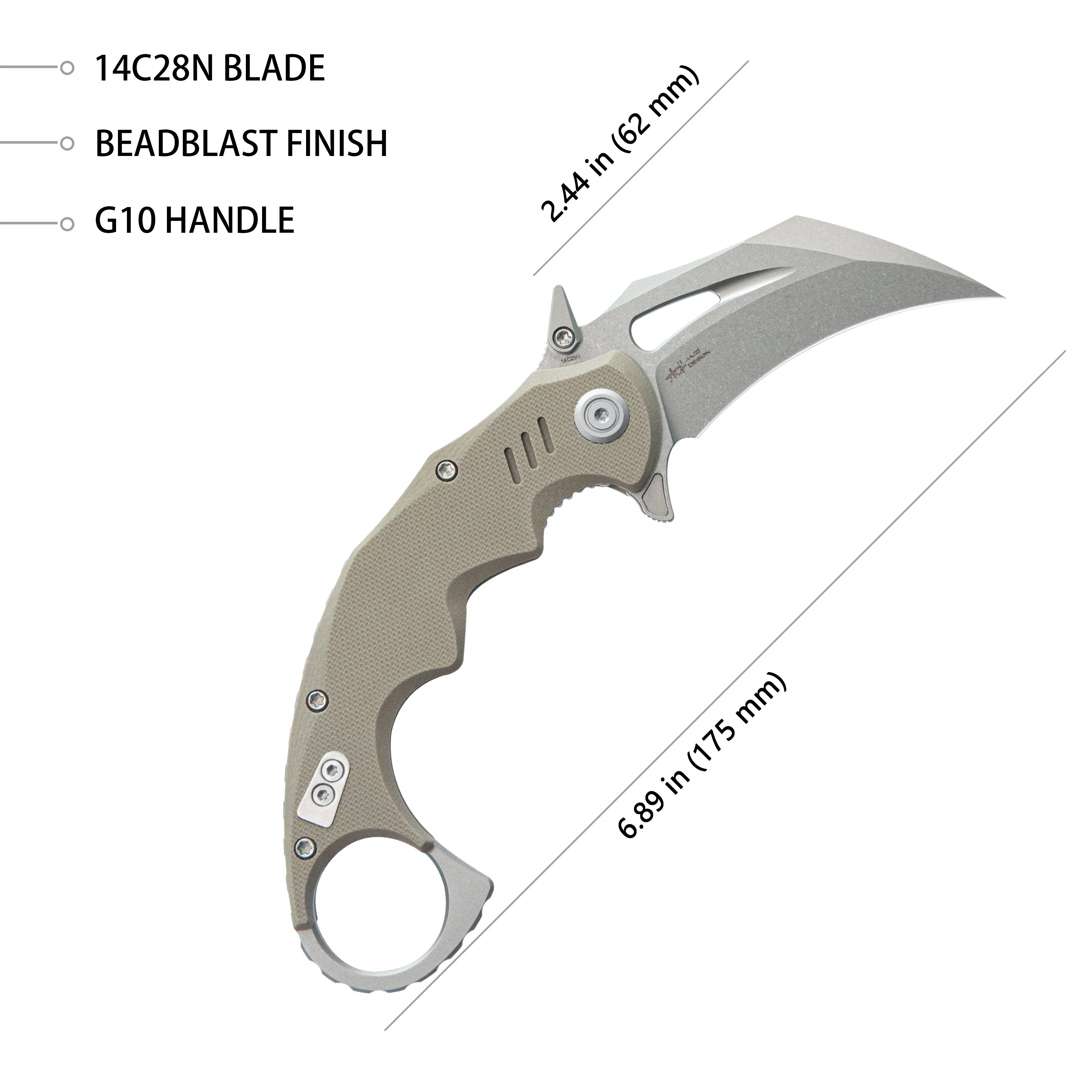 Mini Wrath Karambit Folding Knife Tan G-10 Handle 2.44 Beadblast 14C28N Blade KU262C