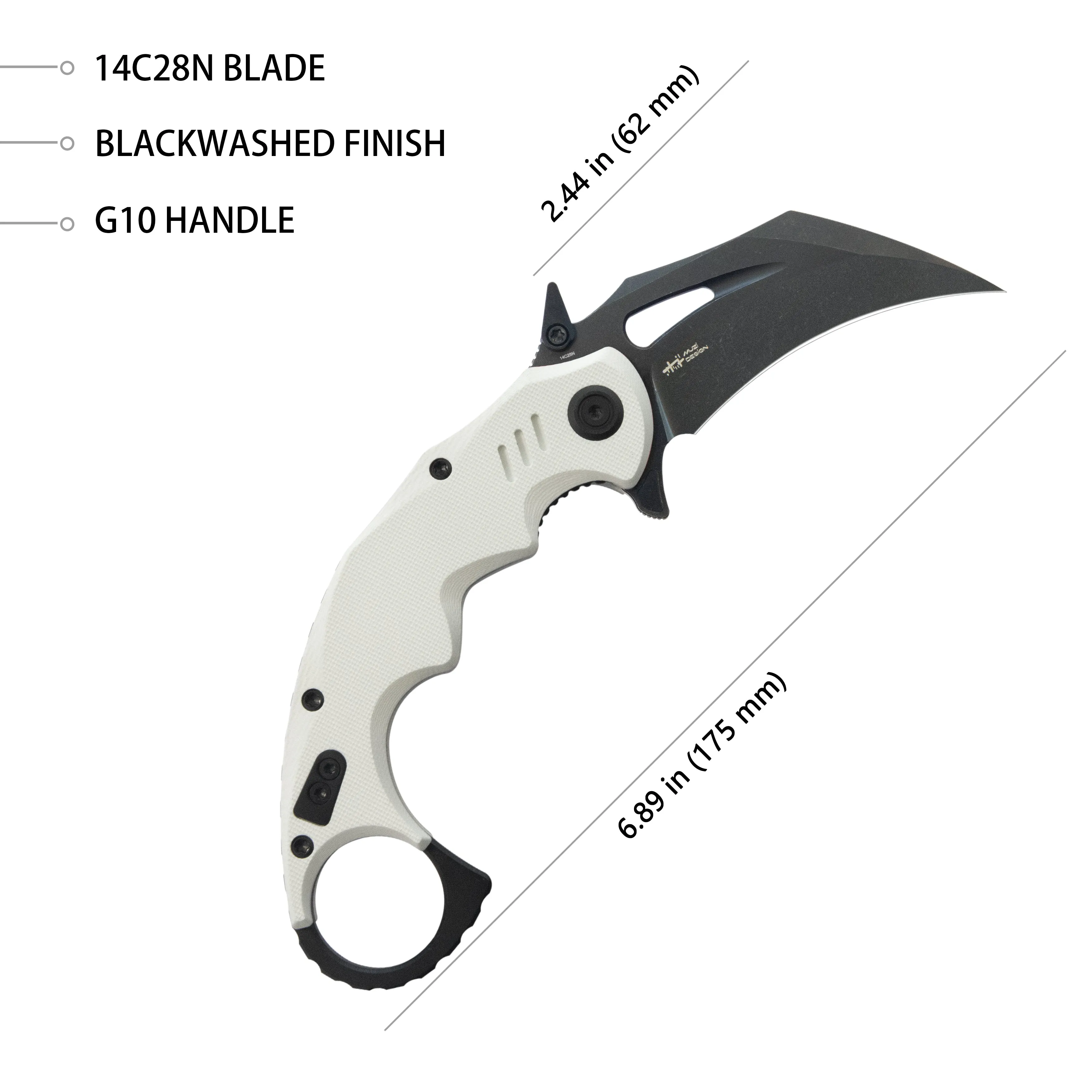 Mini Wrath Karambit Folding Knife White G-10 Handle 2.44 Blackwash 14C28N Blade KU262I