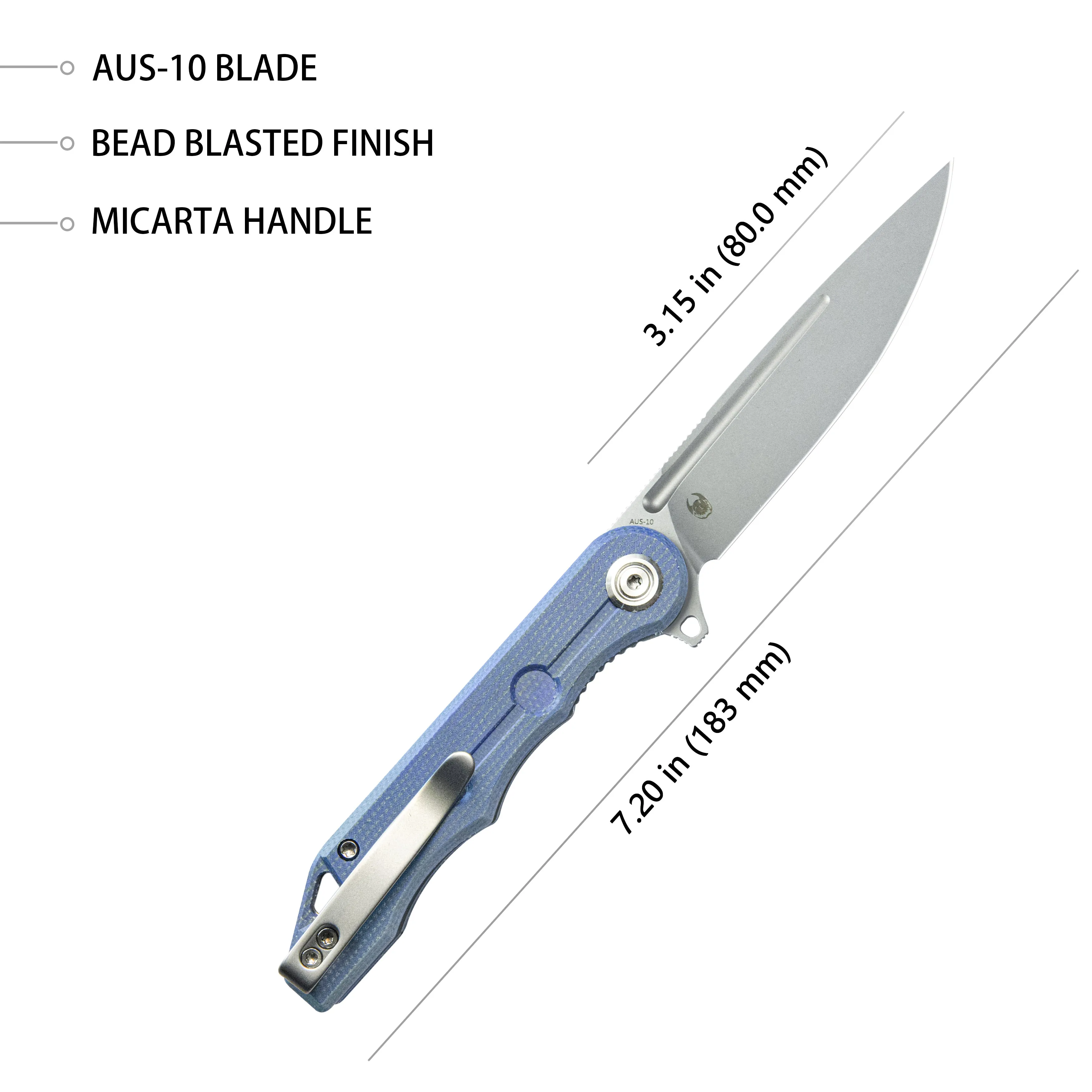 Mizo Liner Lock Flipper Folding Knife Blue Micarta Handle 3.15 Bead Blast AUS-10 KU312O