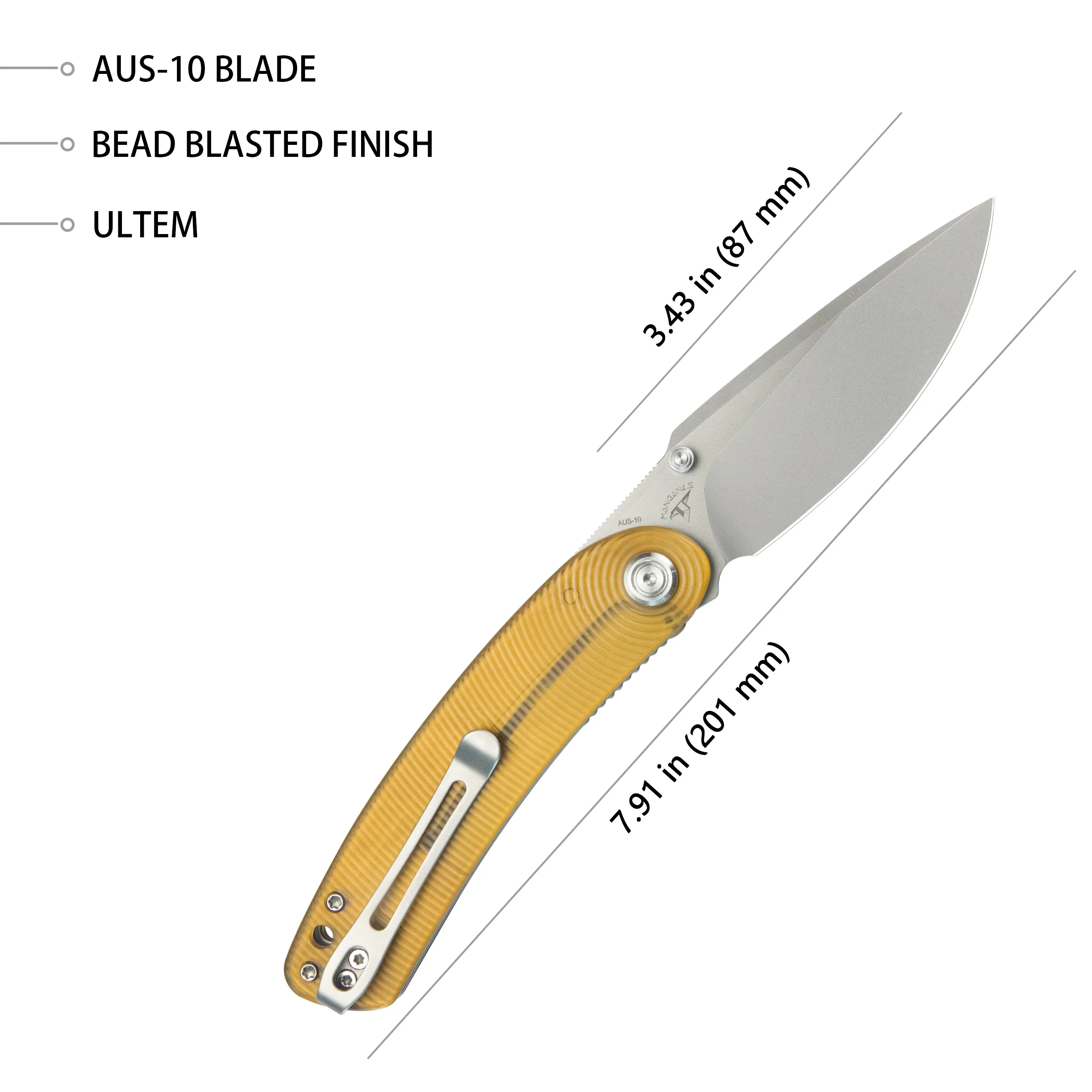 Momentum Sherif Manganas Design Liner Lock Front Flipper / Dual Studs Open Folding Knife Ultem Handle 3.43 Bead Blasted AUS-10 KU344M