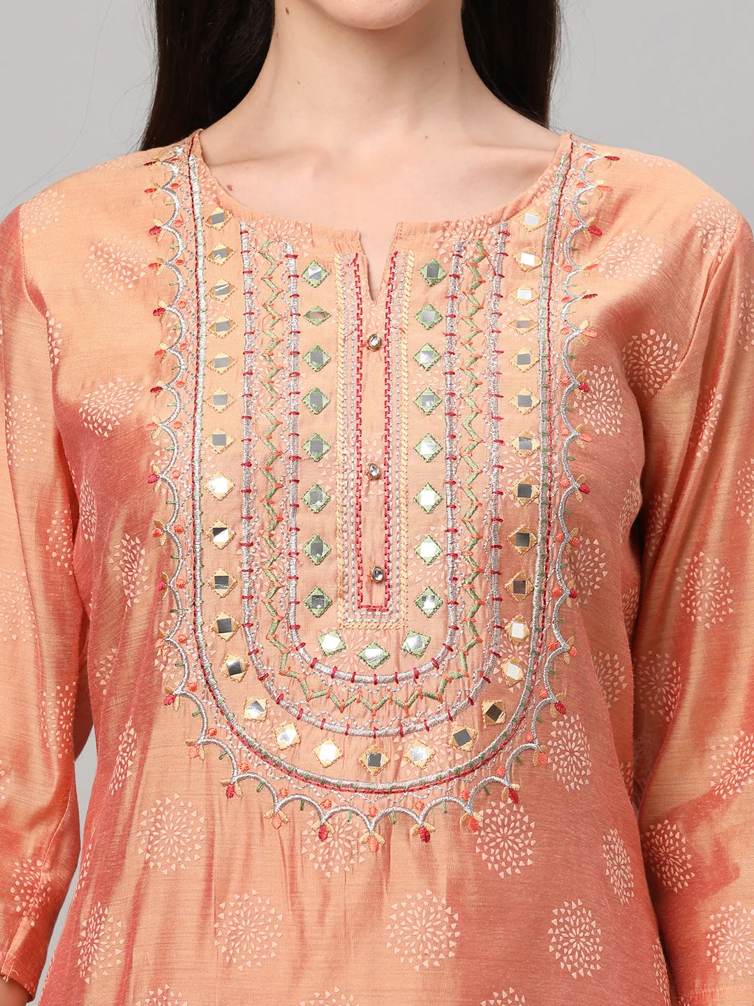 Peach Geometric Printed Kurta With Trouser