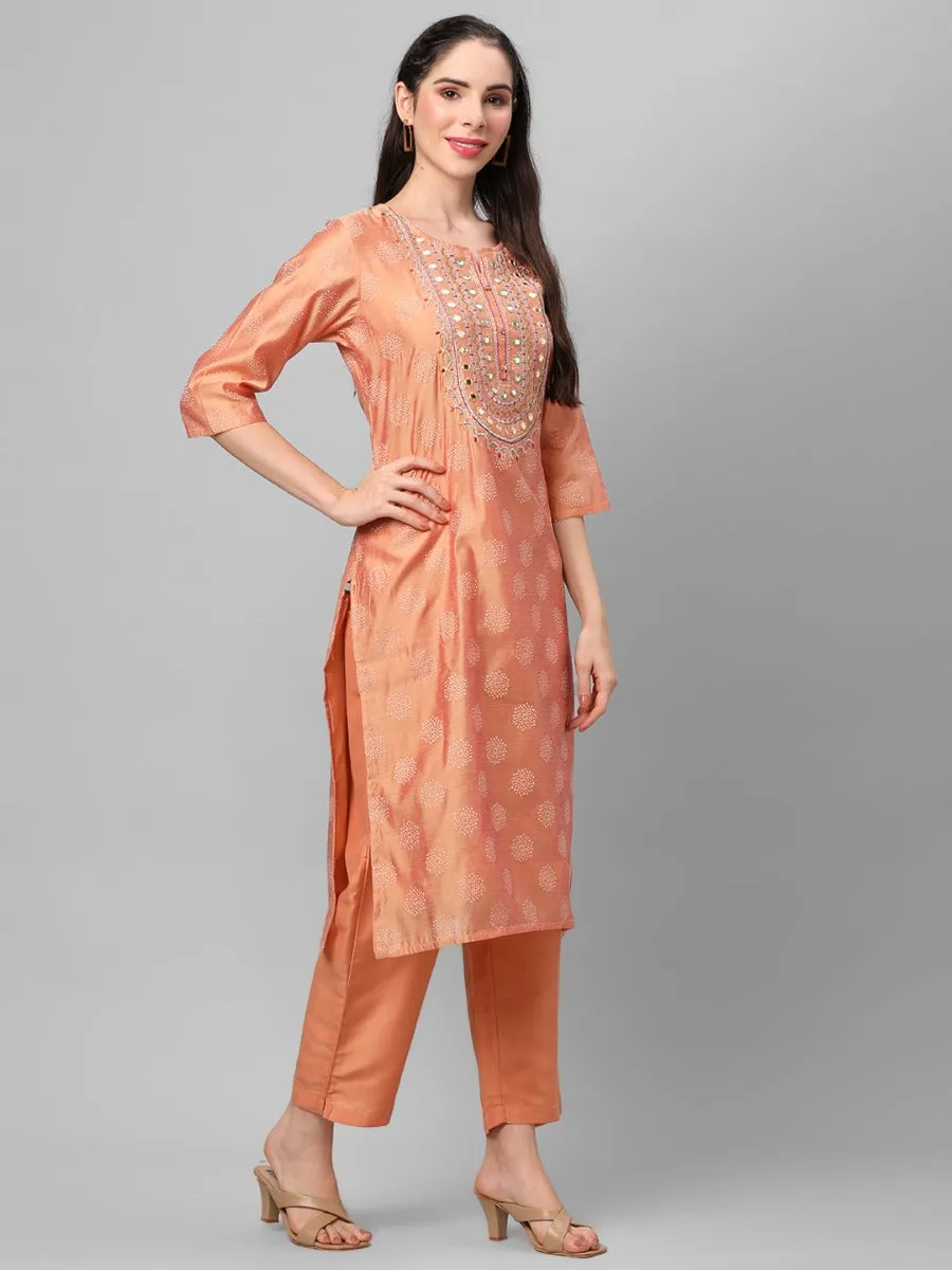 Peach Geometric Printed Kurta With Trouser