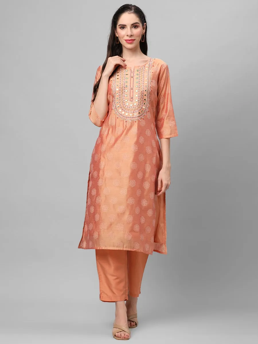 Peach Geometric Printed Kurta With Trouser