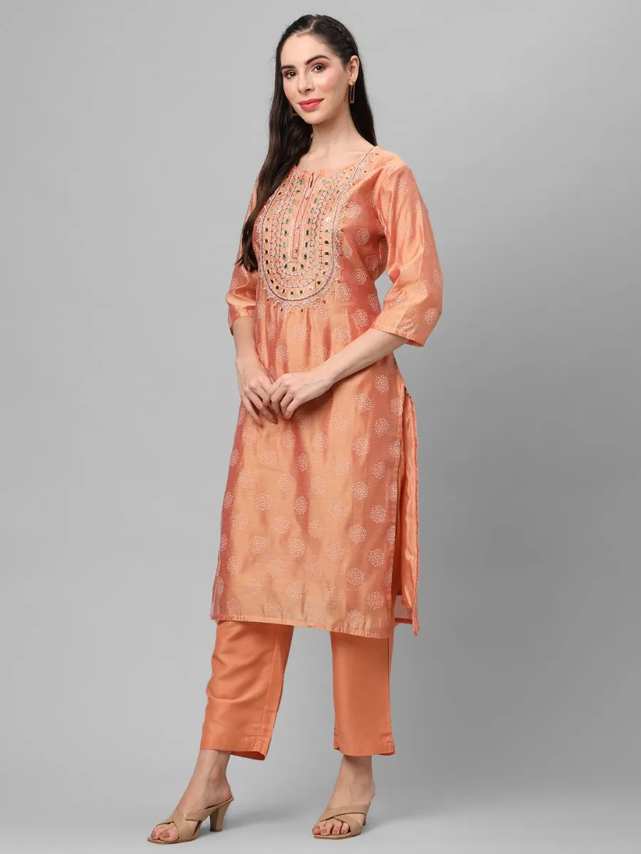 Peach Geometric Printed Kurta With Trouser