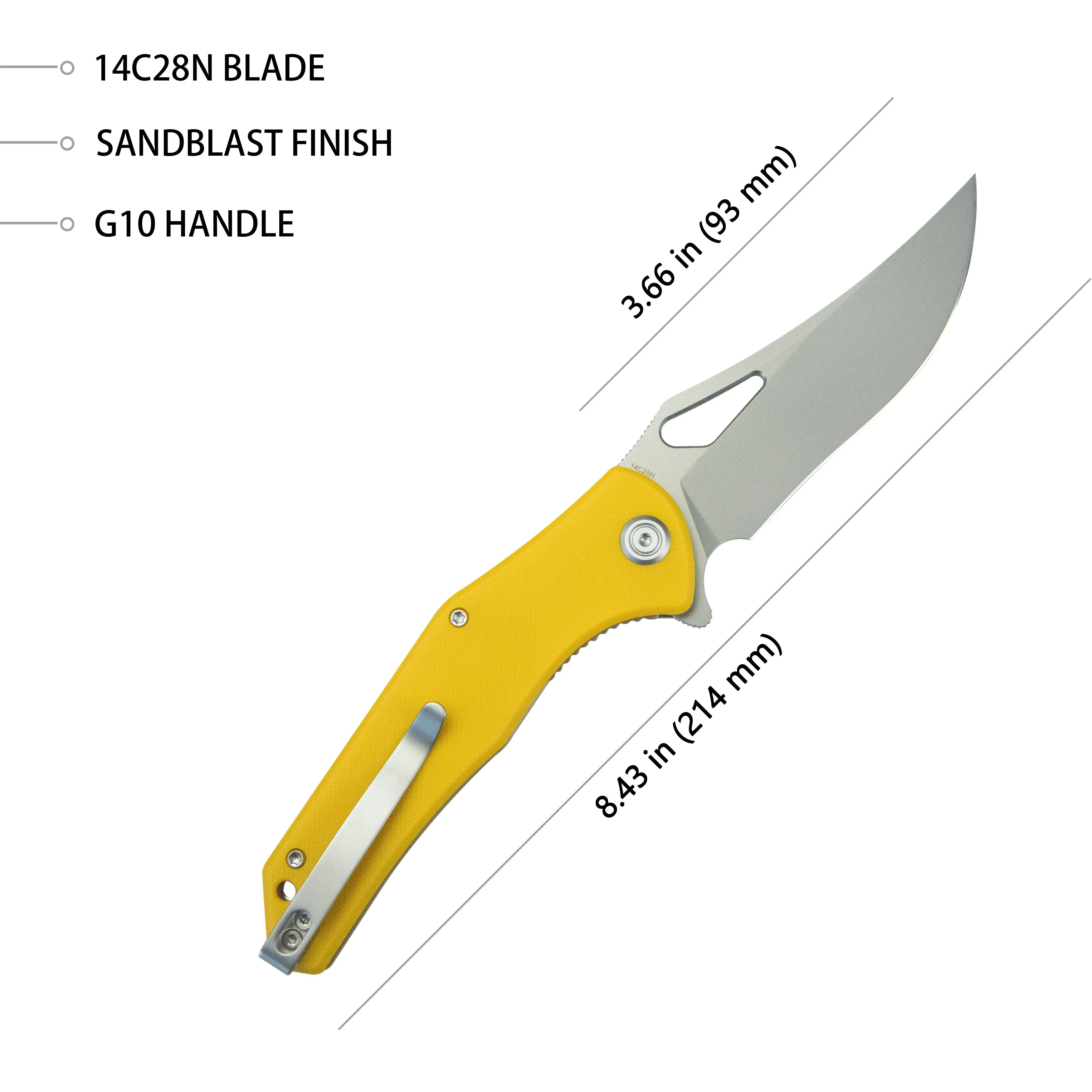 Phemius Liner Lock Folding Pocket Knife Yellow G10 Handle 3.66 Sandblast 14C28N KU149G