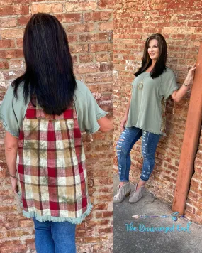 Plaid My Back Sage Frayed Hem Top