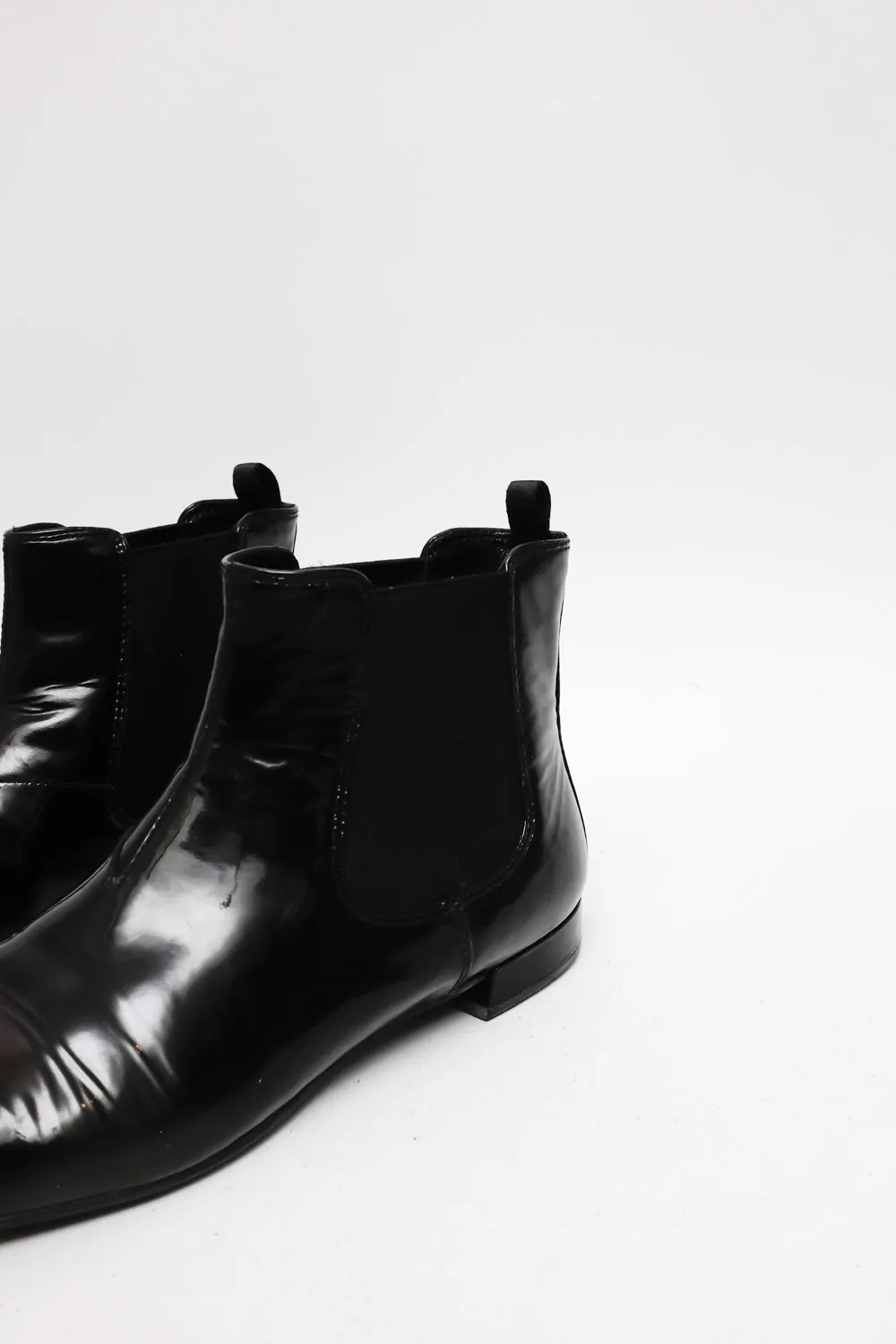 PRADA 39 PATENT LEATHER BLACK CHELSEA BOOTS