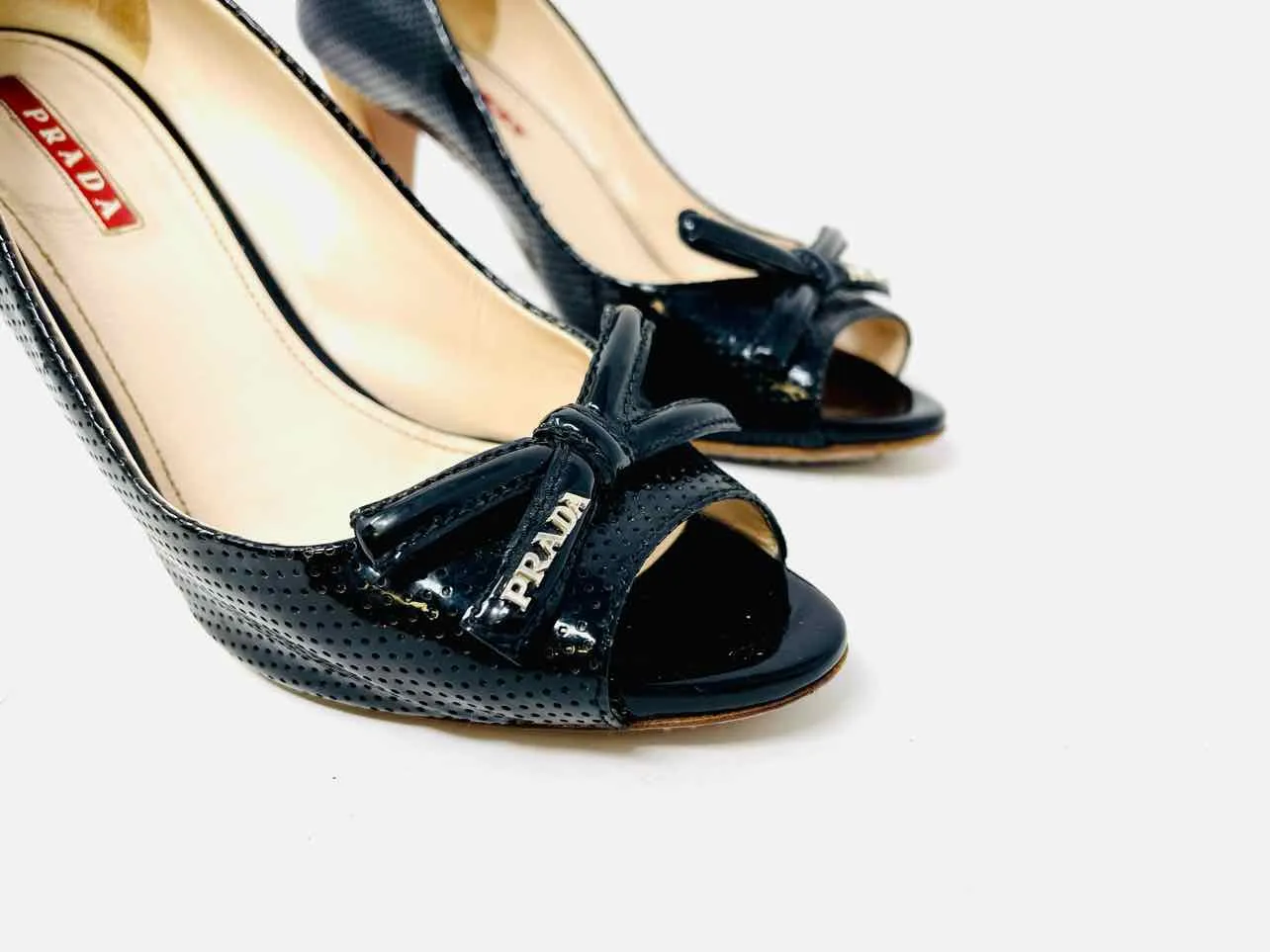 Prada Size 6.5 Black Peep Toe Patent Leather Designer AS IS Pumps