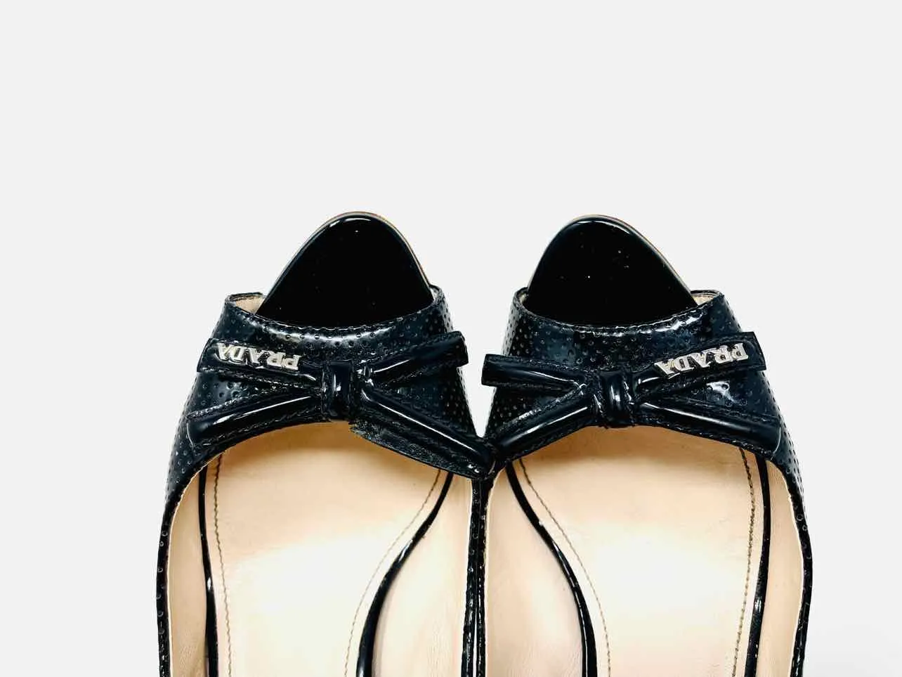 Prada Size 6.5 Black Peep Toe Patent Leather Designer AS IS Pumps