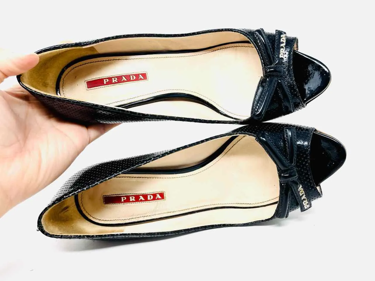 Prada Size 6.5 Black Peep Toe Patent Leather Designer AS IS Pumps