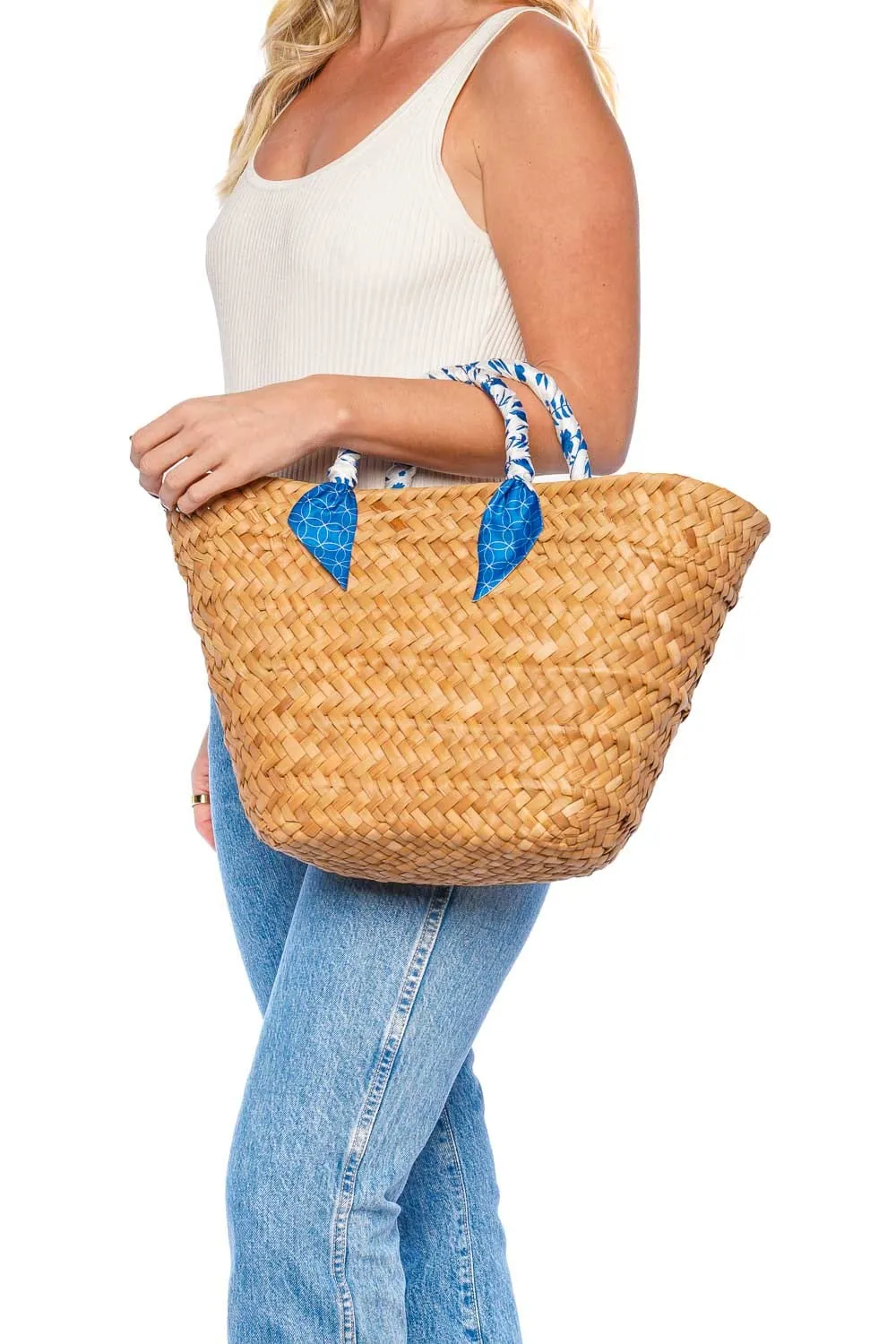 Ray Blue Scarf Natural Straw Tote