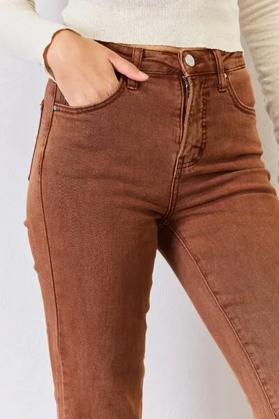 RISEN High Rise Tummy Control Straight Jeans in Espresso