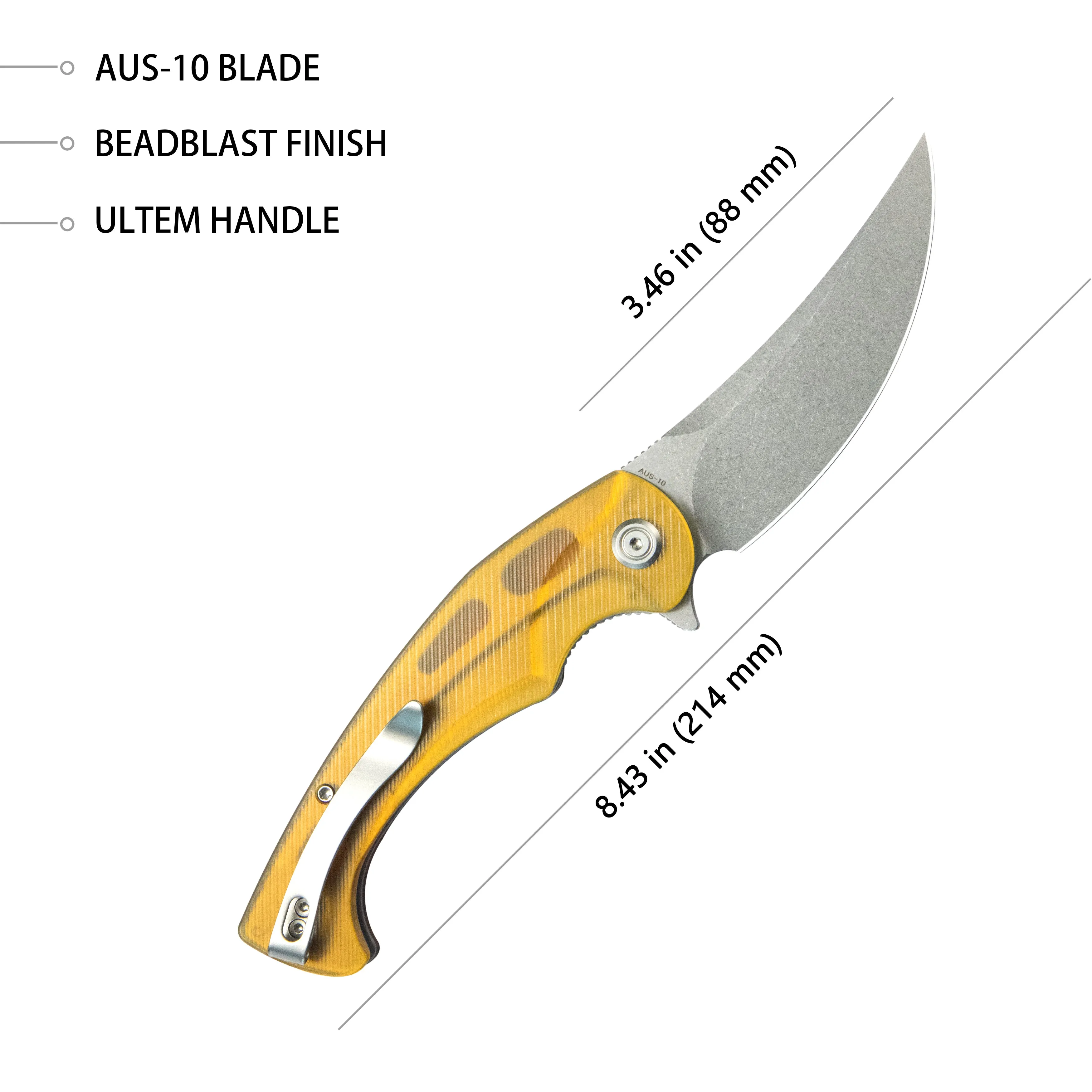 Scimitar Liner Lock Folding Knife Ultem Handle 3.46 Bead Blast AUS-10 KU173A