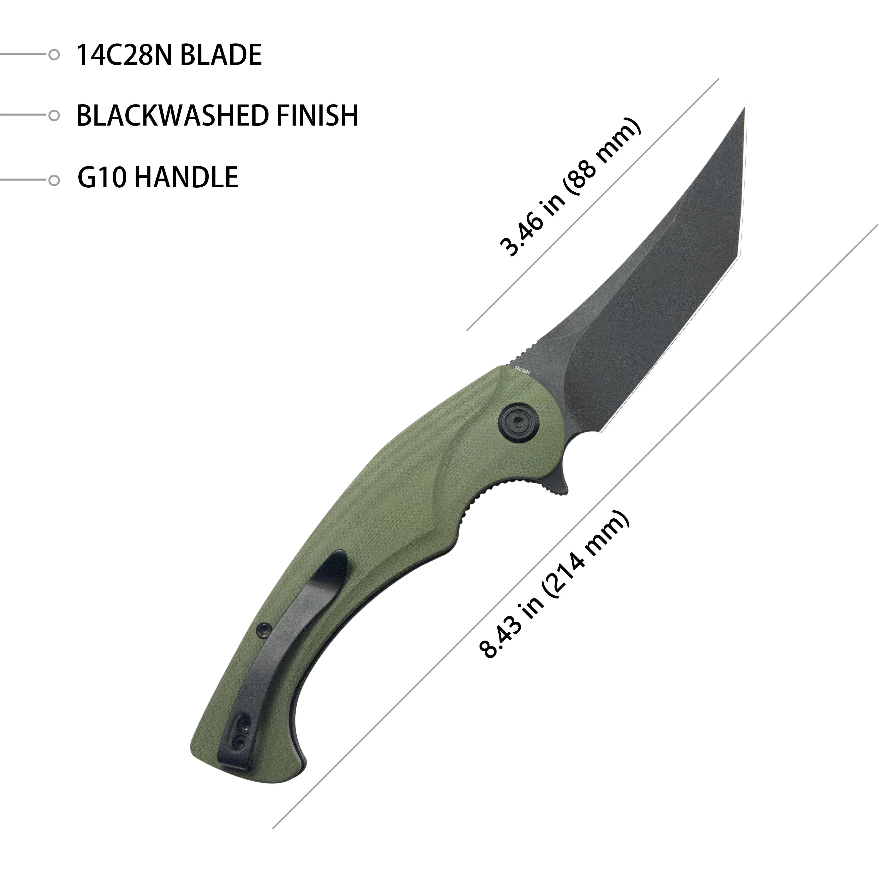 Scimitar Tanto Liner Lock Hunting Folding Knife Green G10 Handle 3.46 Blackwash 14C28N KU175B