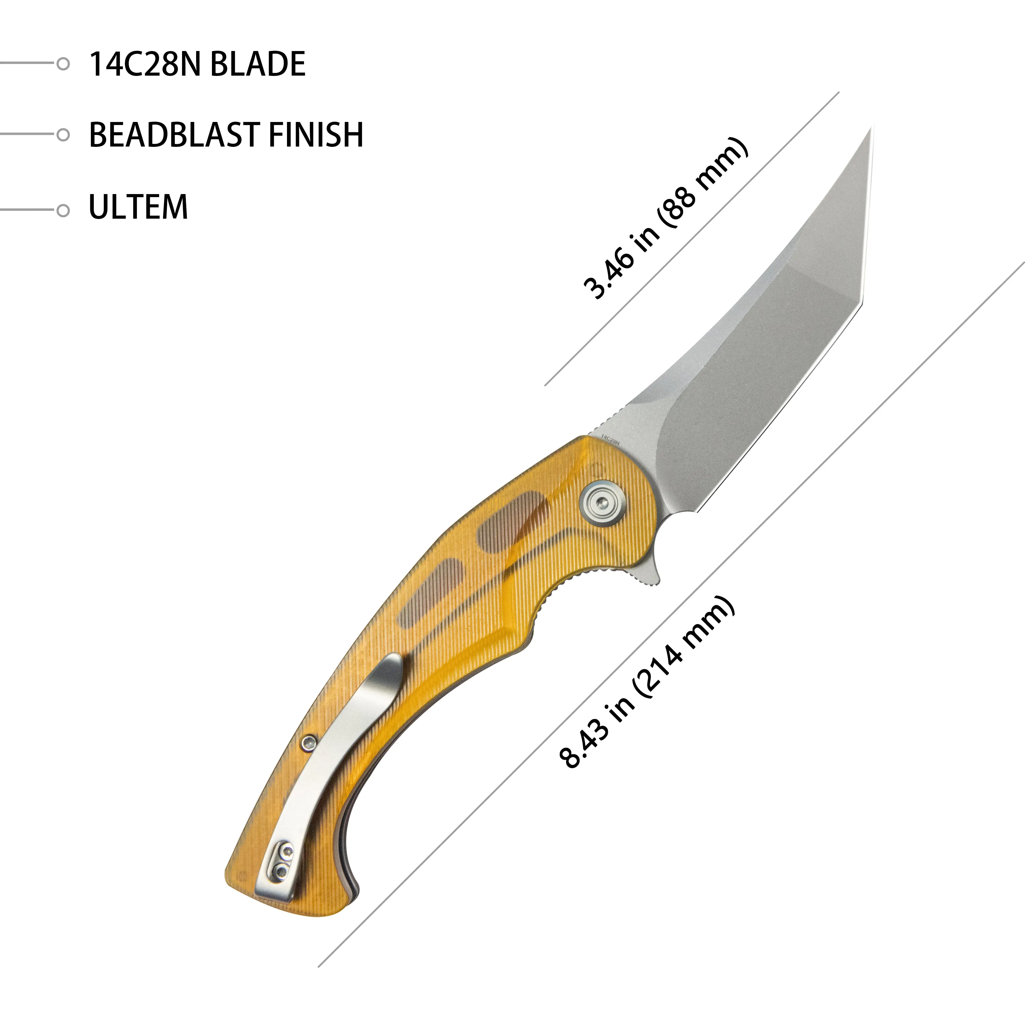 Scimitar Tanto Liner Lock Hunting Folding Knife Ultem Handle 3.46 Beadblast 14C28N KU175C