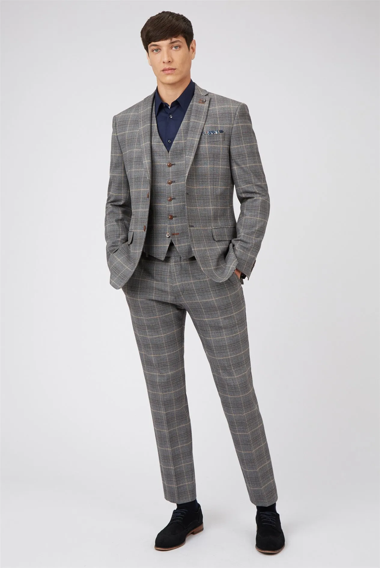 Tailored Fit Grey With Tan Checked Waistcoat