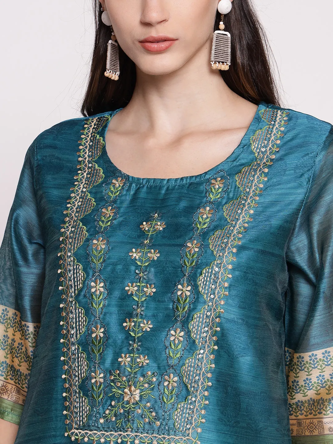 Teal Floral Printed Kurta Trouser Dupatta