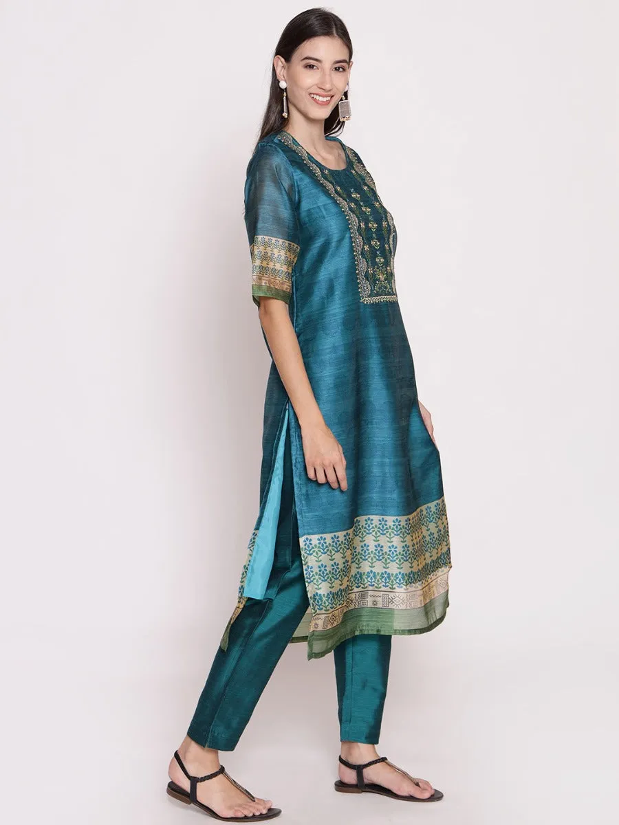 Teal Floral Printed Kurta Trouser Dupatta