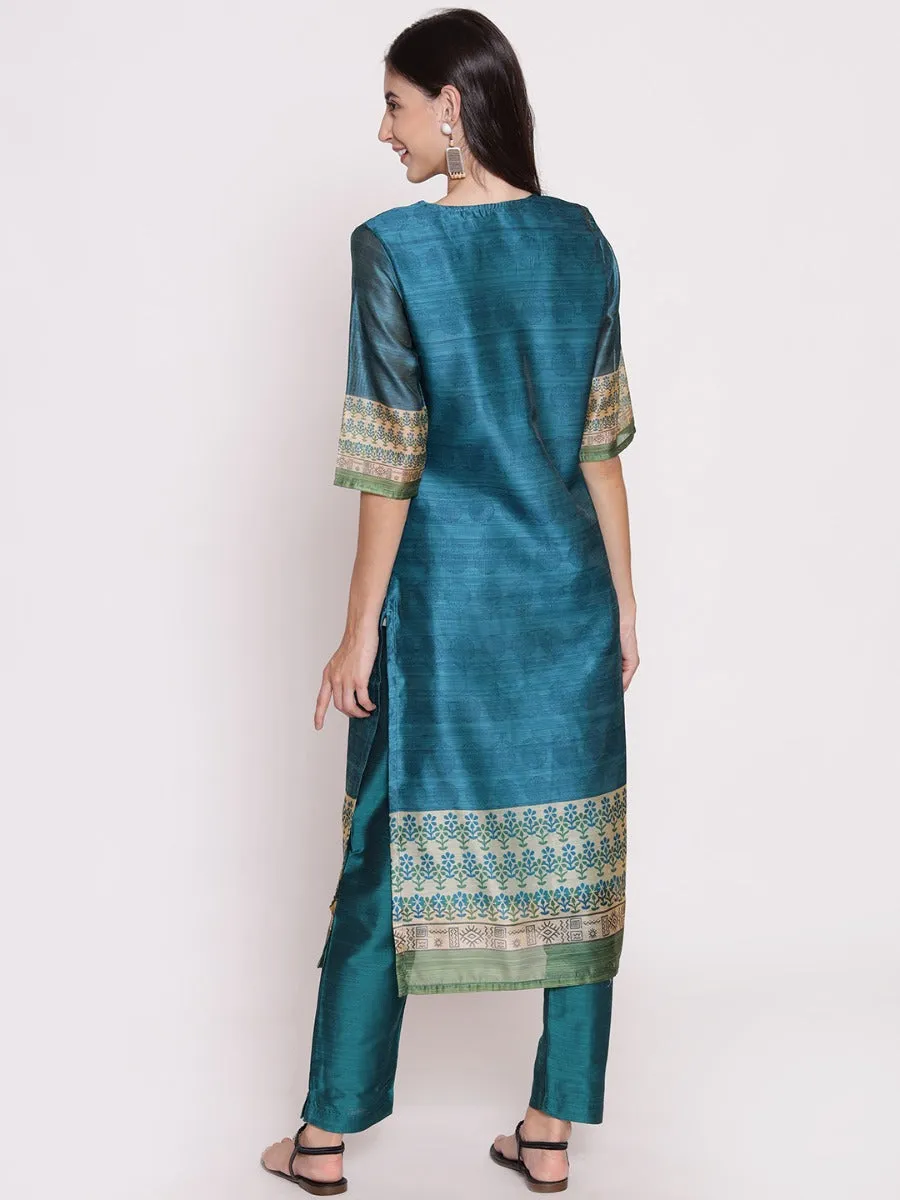 Teal Floral Printed Kurta Trouser Dupatta