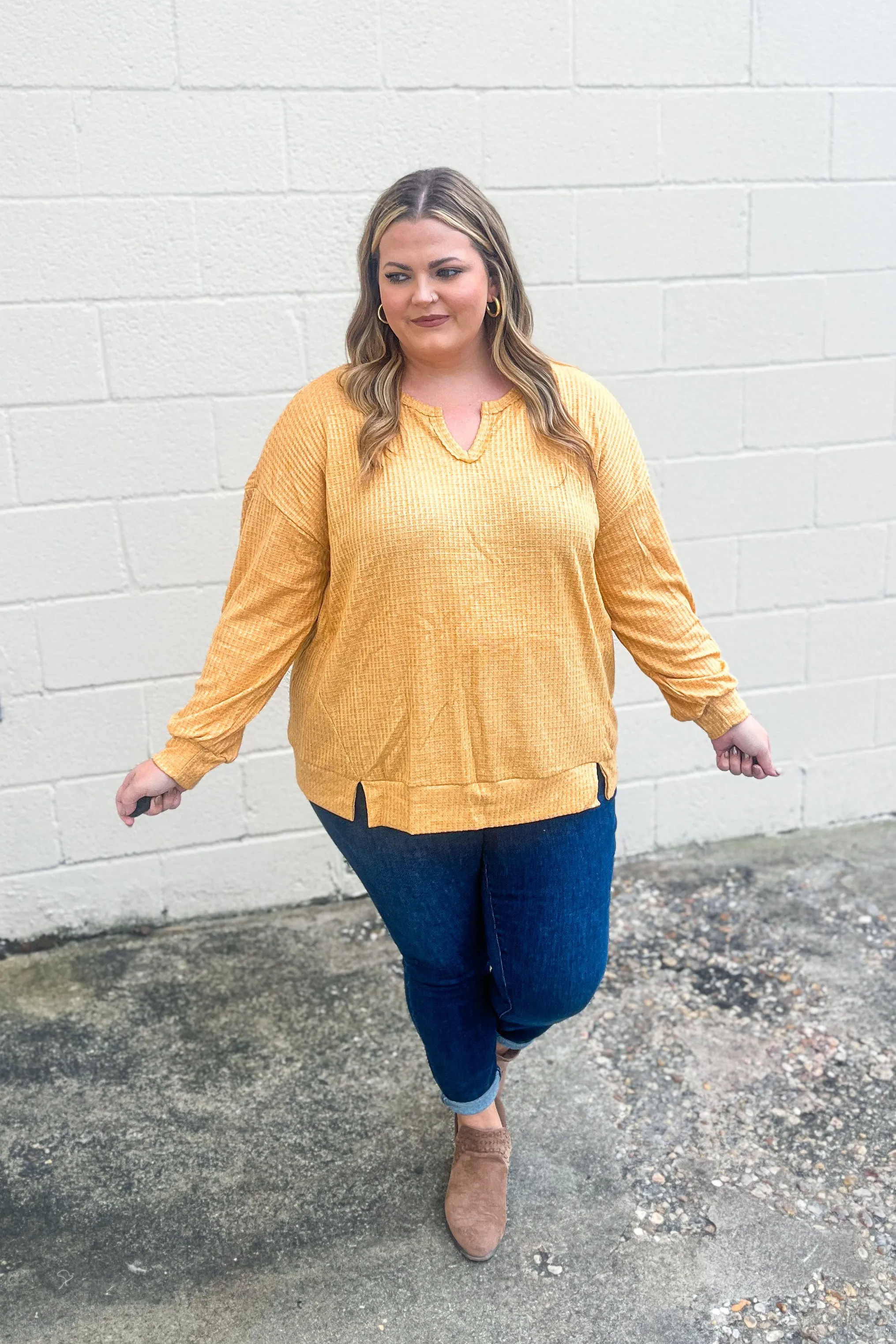 Try That Waffle Knit Top, Mustard