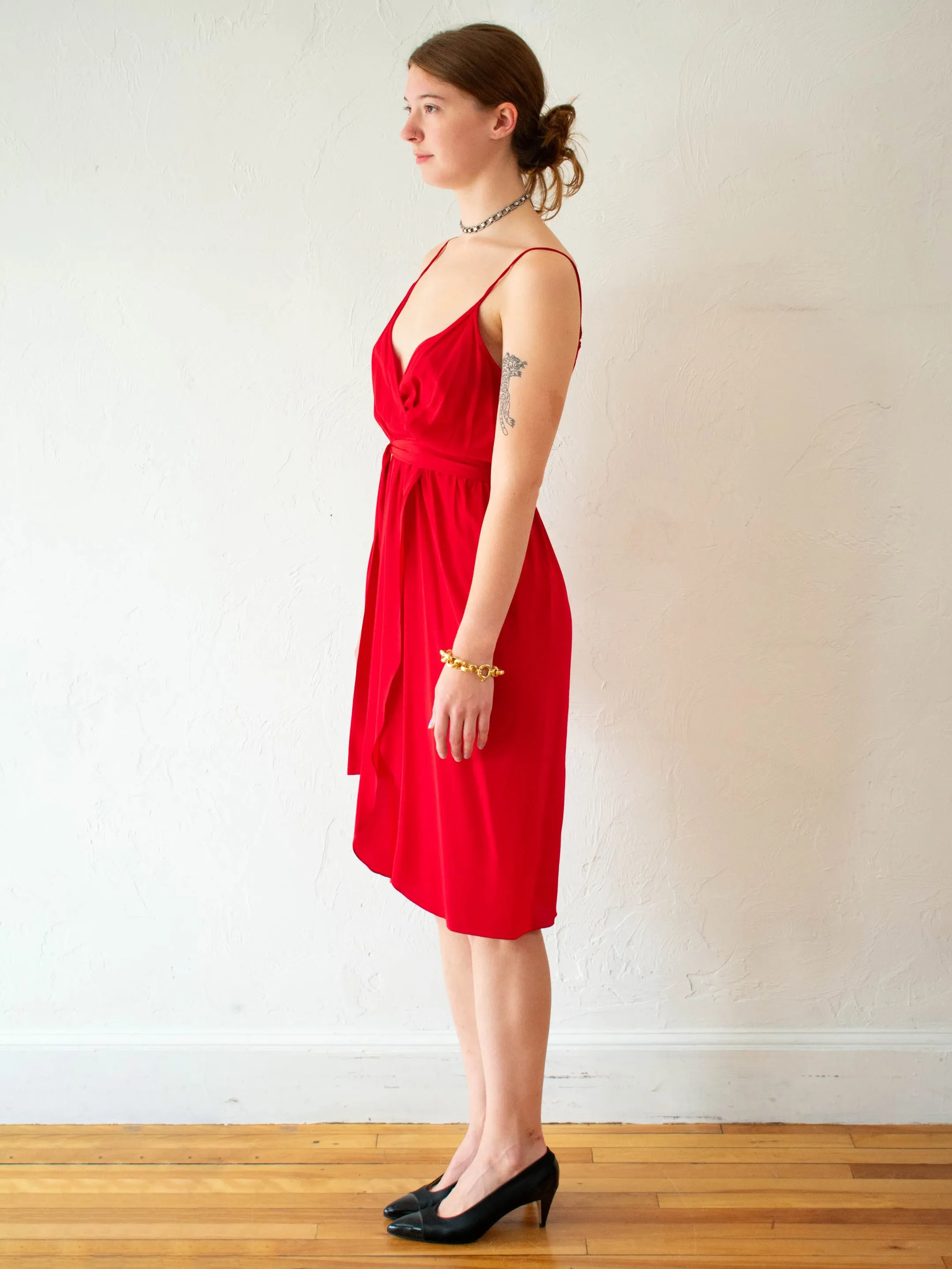 Vintage 1970s/80s Basha E New York Red Silk Disco Dress XS/S