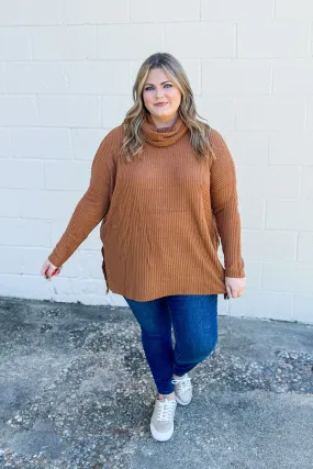 Waffle Knit Cowl Neck Tunic Top, Camel