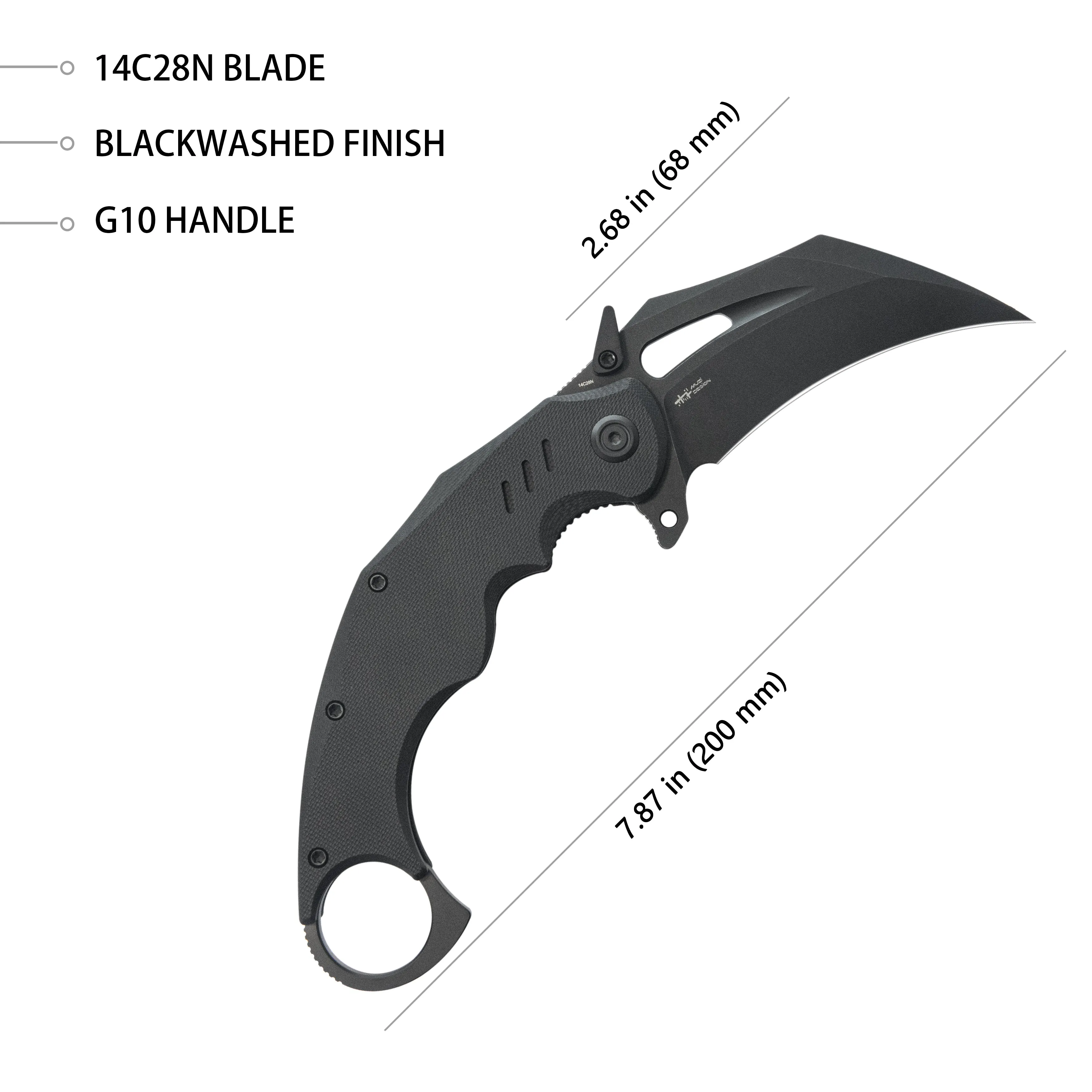 Wrath Karambit Folding Knife Black G-10 Handle 2.68 Blackwash 14C28N Blade KU261E