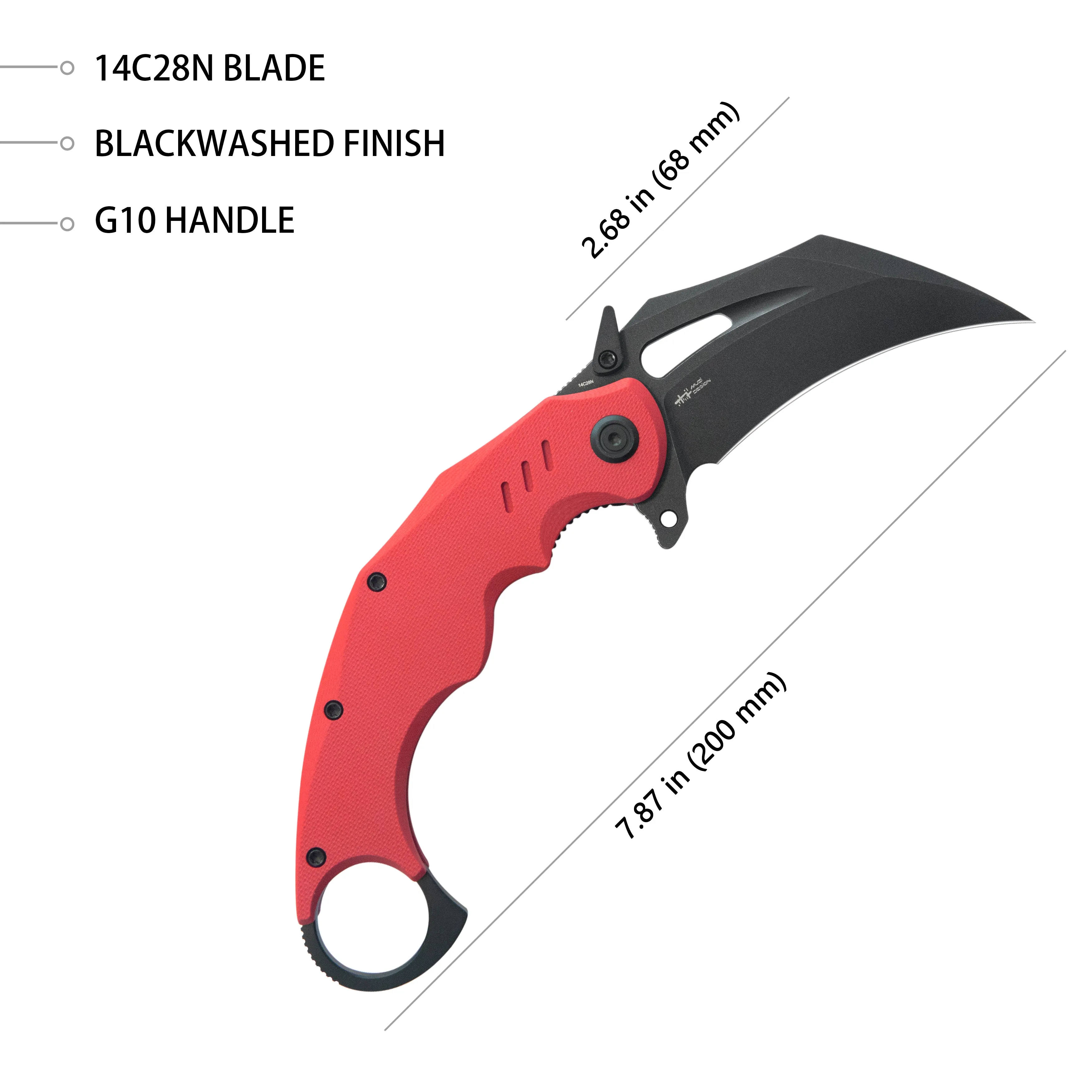 Wrath Karambit Folding Knife Red G-10 Handle 2.68 Blackwash 14C28N Blade KU261H