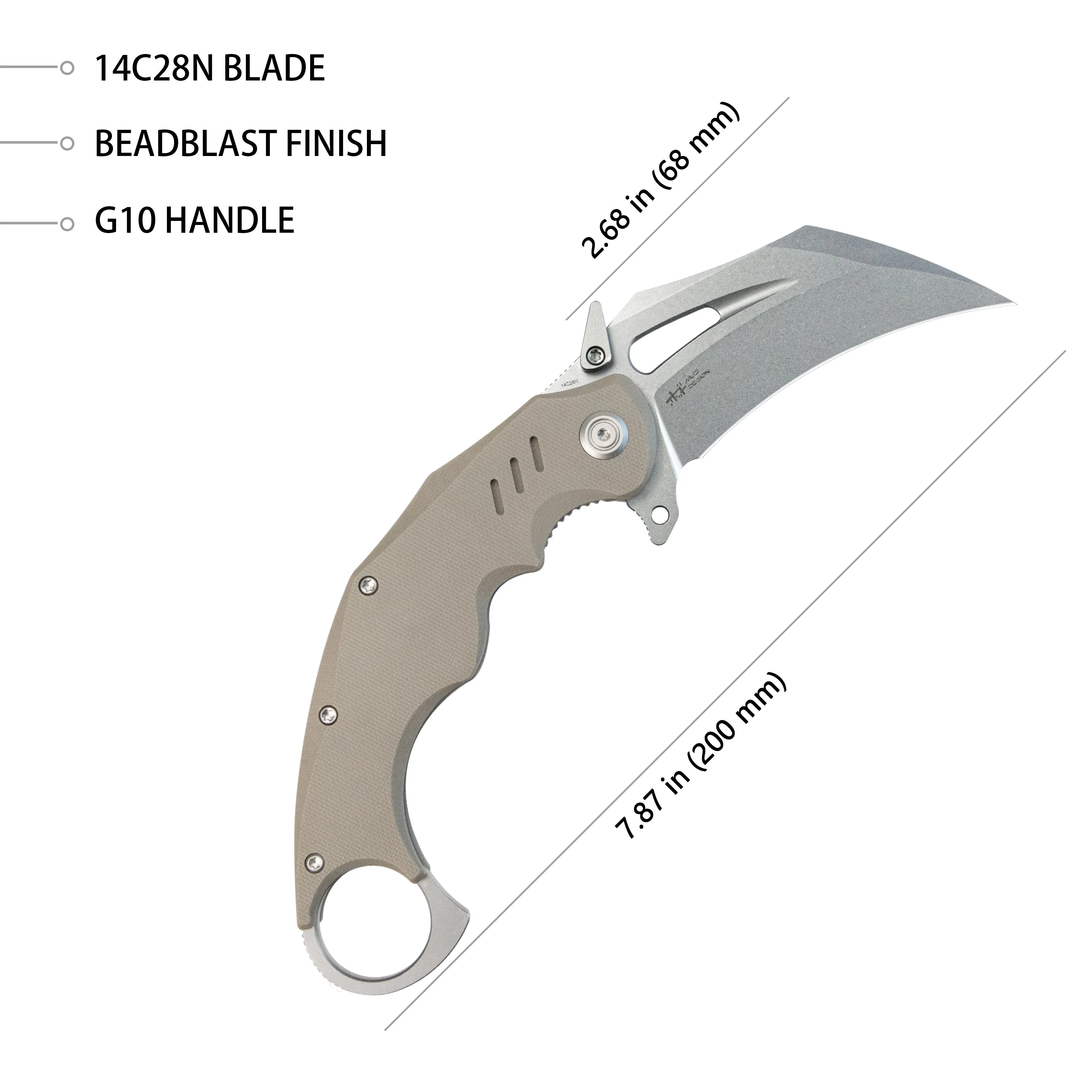 Wrath Karambit Folding Knife Tan G-10 Handle 2.68 Beadblast 14C28N Blade KU261C