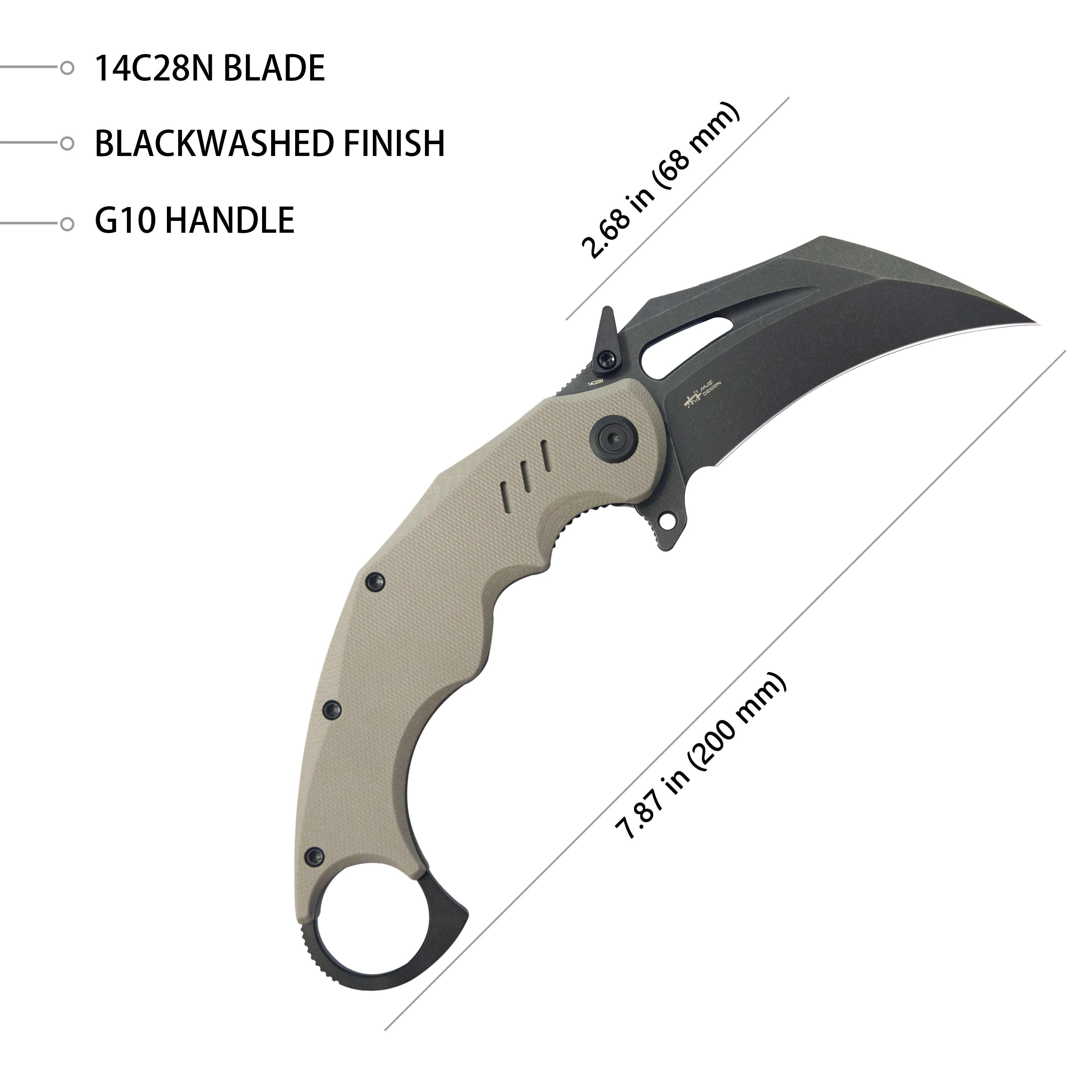 Wrath Karambit Folding Knife Tan G-10 Handle 2.68 Blackwash 14C28N Blade KU261G